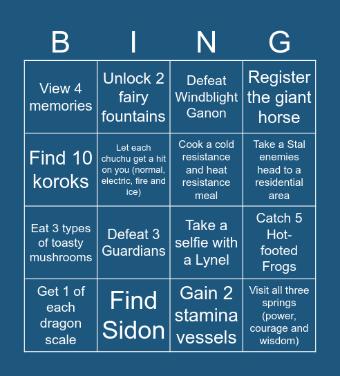 Breath of The Wild Bingo Card