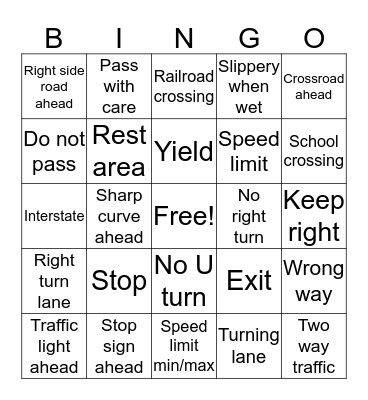 Traffic Signs Bingo Card