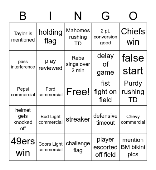 superbowl Bingo Card