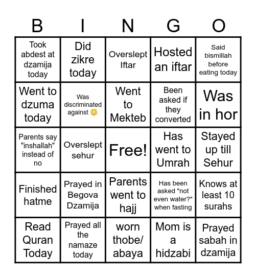 Islamic Bingo Card