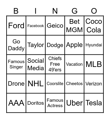 Super Bowl Bingo Card