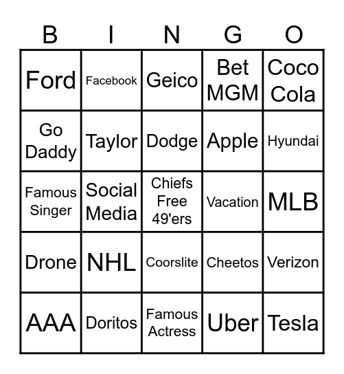 Super Bowl Bingo Card