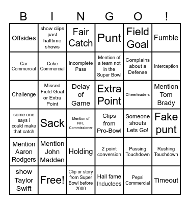 Super Bowl Bingo! Bingo Card