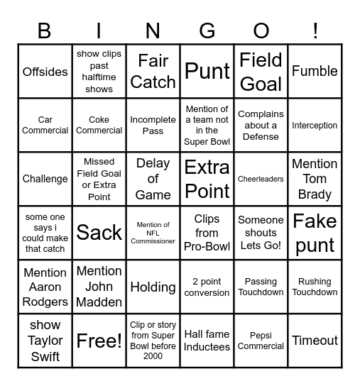 Super Bowl Bingo! Bingo Card