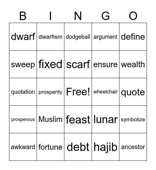 Vocabulary #1 & 2 Bingo Card