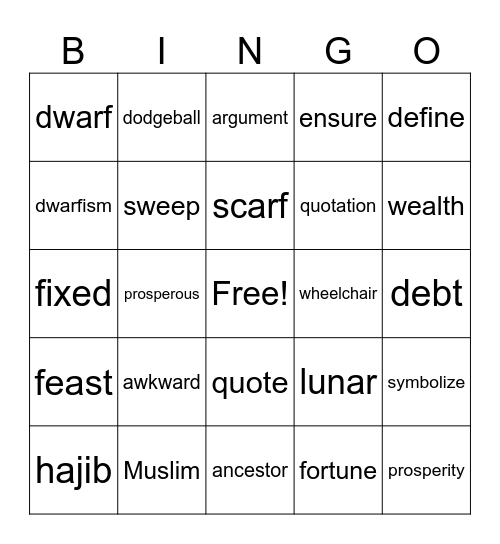 Vocabulary #1 & 2 Bingo Card