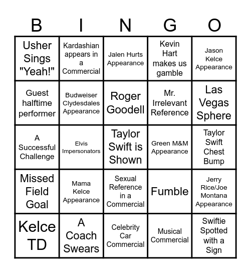 Super Bowl Bingo (Taylor's Version) Bingo Card