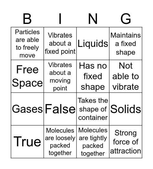 Solids, Liquids, and Gases Bingo Card