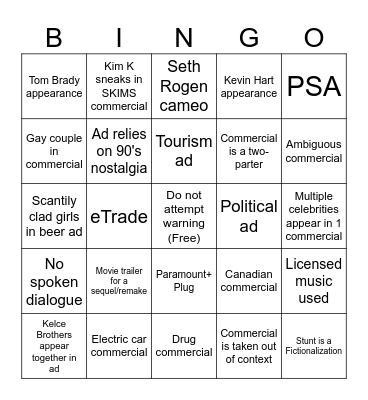 Super Bowl Commercial Bingo Card