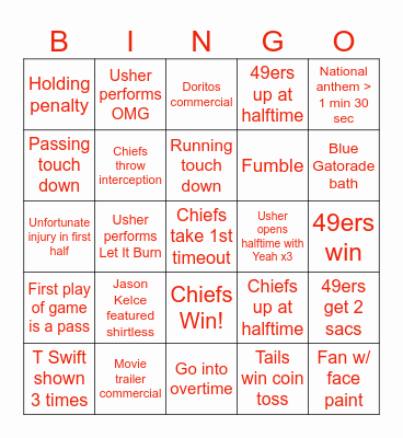 Super Bowl Bingo Card