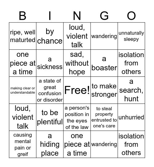 Joseph Stryker Vocabulary Bingo Card