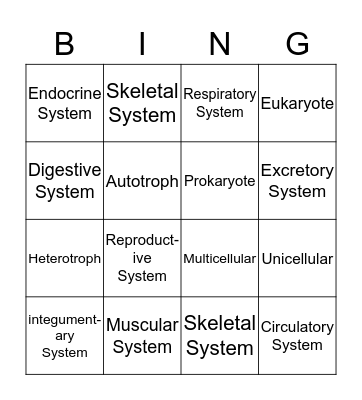 Classification of Organisms/Body Systems Bingo Card