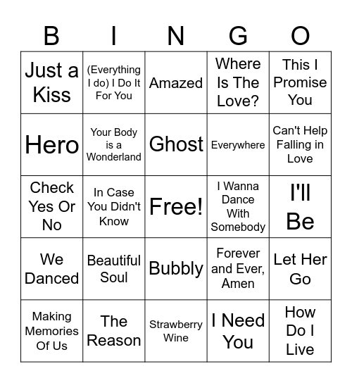 Love Song Bingo Card