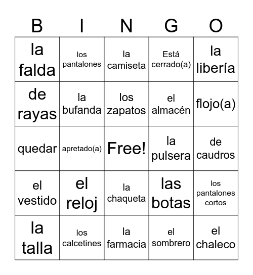 Las Ropas Bingo Card