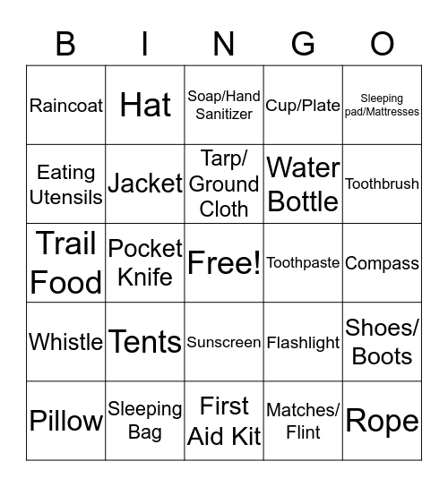 Camping Gear Bingo Card