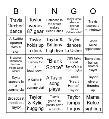 Super Bowl Bingo (Taylor's Version) Bingo Card