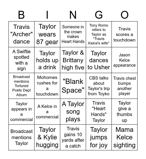 Super Bowl Bingo (Taylor's Version) Bingo Card