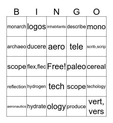 Greek/Latin Root words Bingo Card