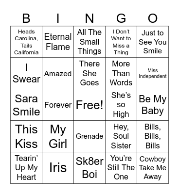 Throwback Love Songs Bingo Card
