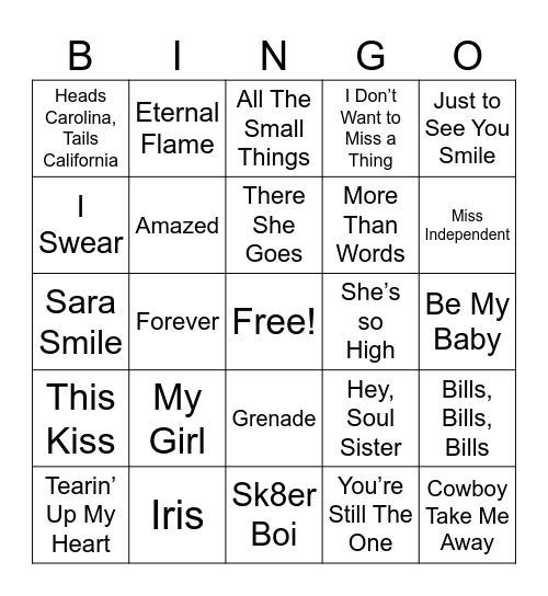 Throwback Love Songs Bingo Card