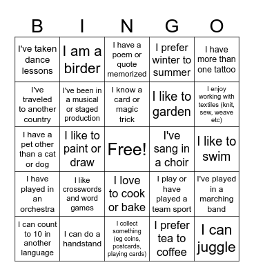 Get to know you Bingo! Bingo Card