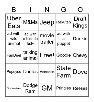 Superbowl Commercial Bingo Card