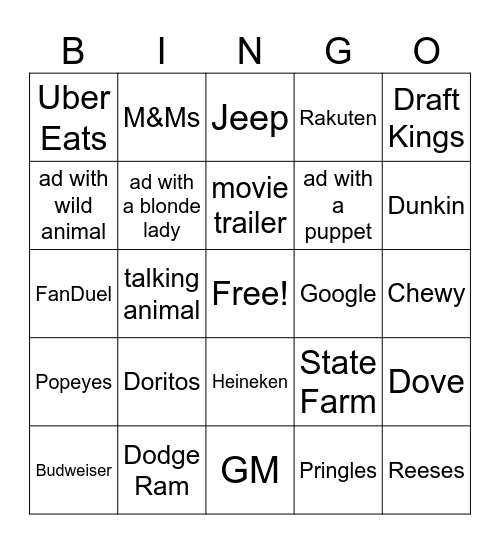 Superbowl Commercial Bingo Card