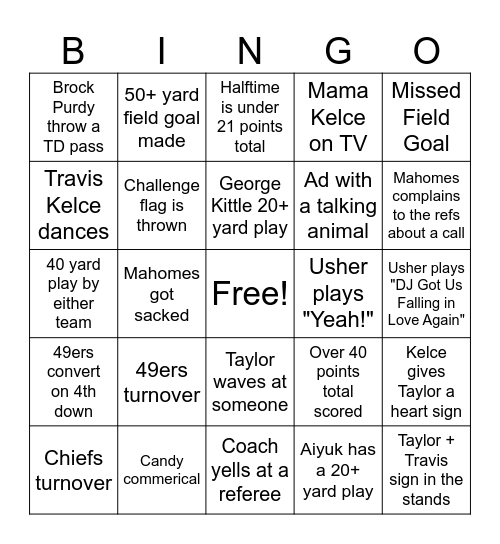 SUPERBOWL LVIII Bingo Card