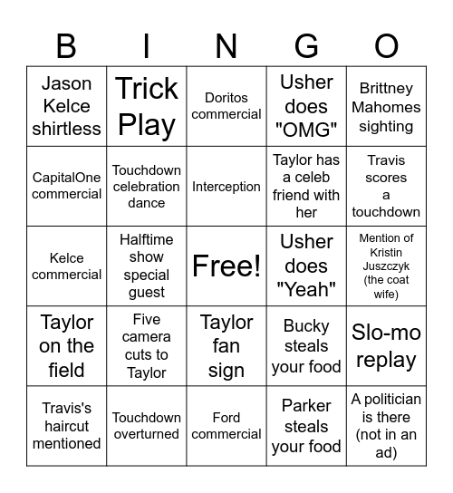 Super Bowl (Taylor's Version) Bingo Card