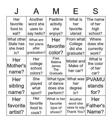 Malena's Graduation Celebration May 2016 Bingo Card