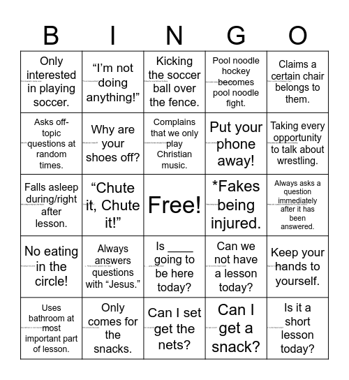 Only in Youth Group Bingo Card