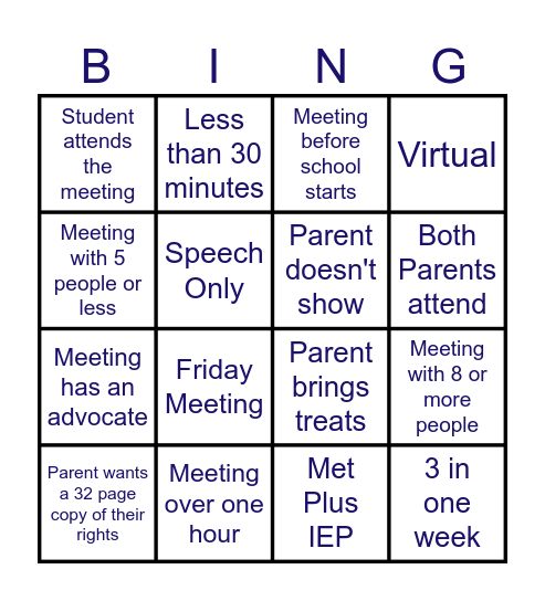 IEP Meeting Bingo Card