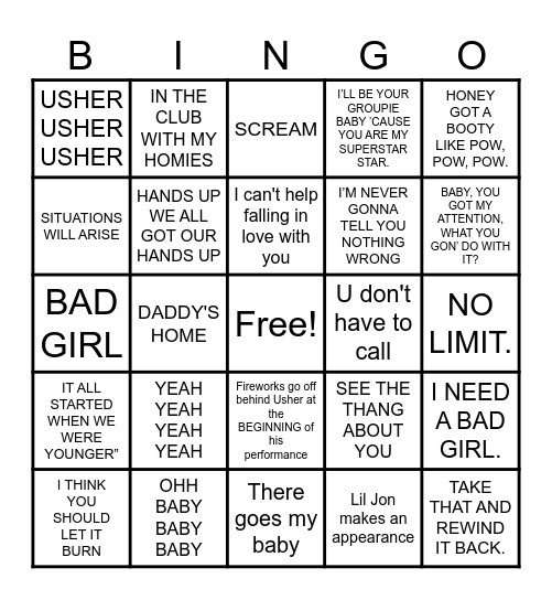 Song Lyrics Bingo Card