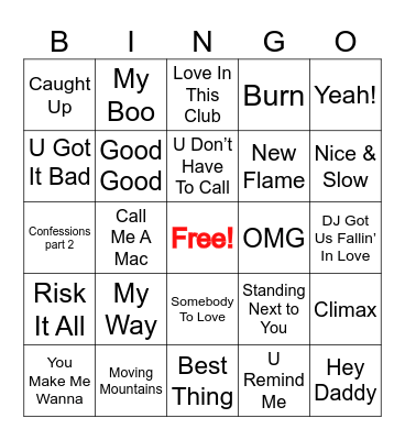 Usher Super Bowl Half Time Bingo Card