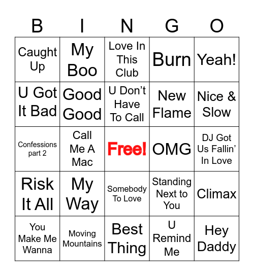 Usher Super Bowl Half Time Bingo Card