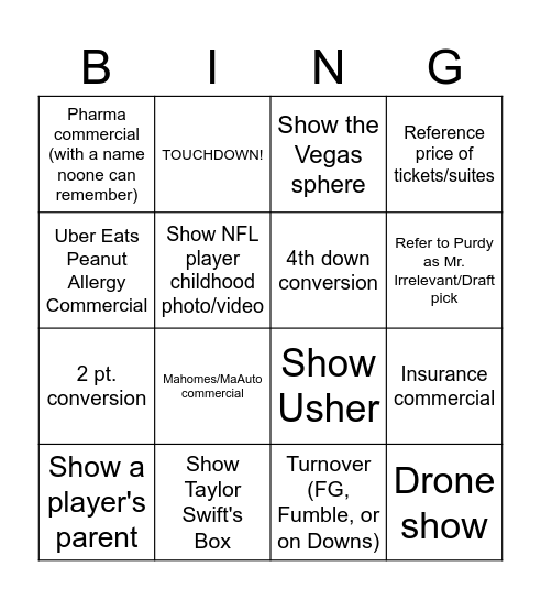 Super Bowl Bingo 2 Bingo Card