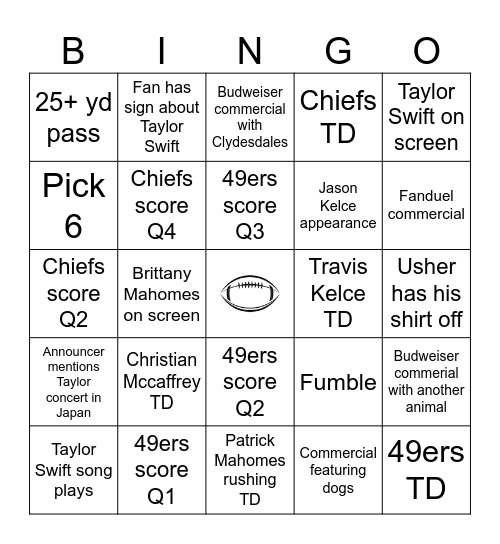 Superbowl Bingo (Taylor's Version) Bingo Card