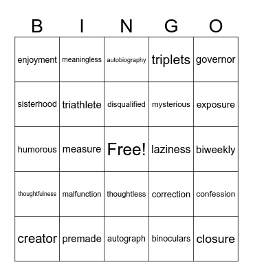 Vocabulary Bingo Card