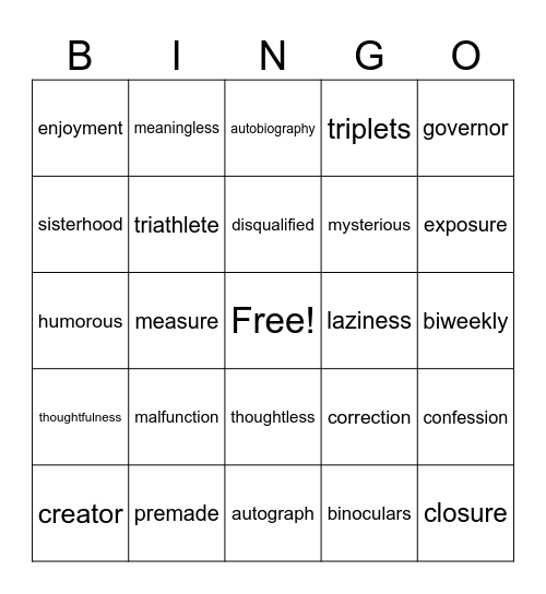 Vocabulary Bingo Card