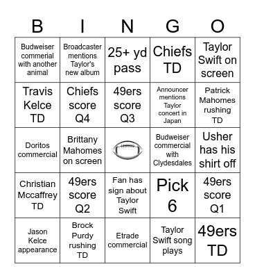 Superbowl Bingo (Taylor's Edition) Bingo Card