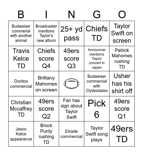 Superbowl Bingo (Taylor's Edition) Bingo Card