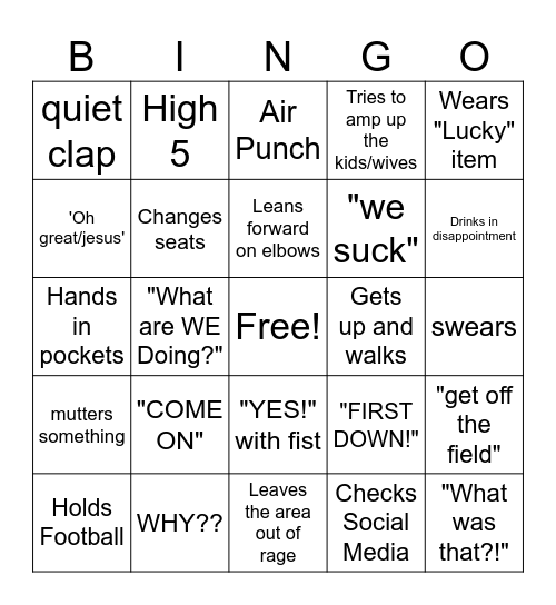 Football Wife Bingo Card