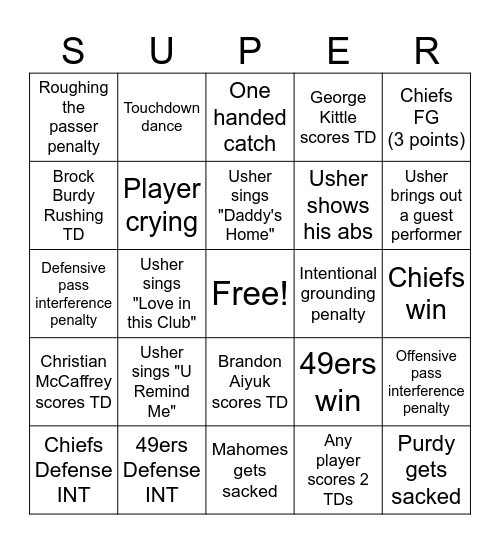 Superbowl Bingo Card