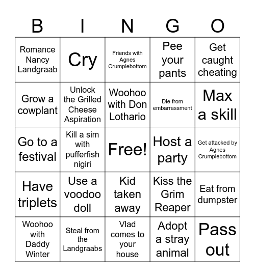 Sims 4 Bingo Card