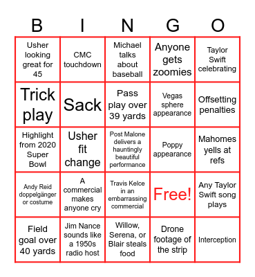 Super Bowl 2024 Bingo Card