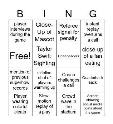 Super Bowl Bingo Card