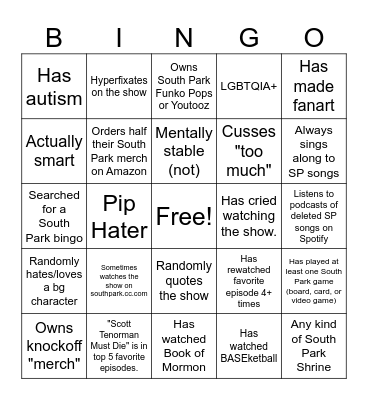 South Park Bingo Card