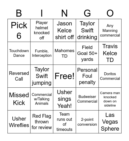 Super Bowl 2024 Bingo Card