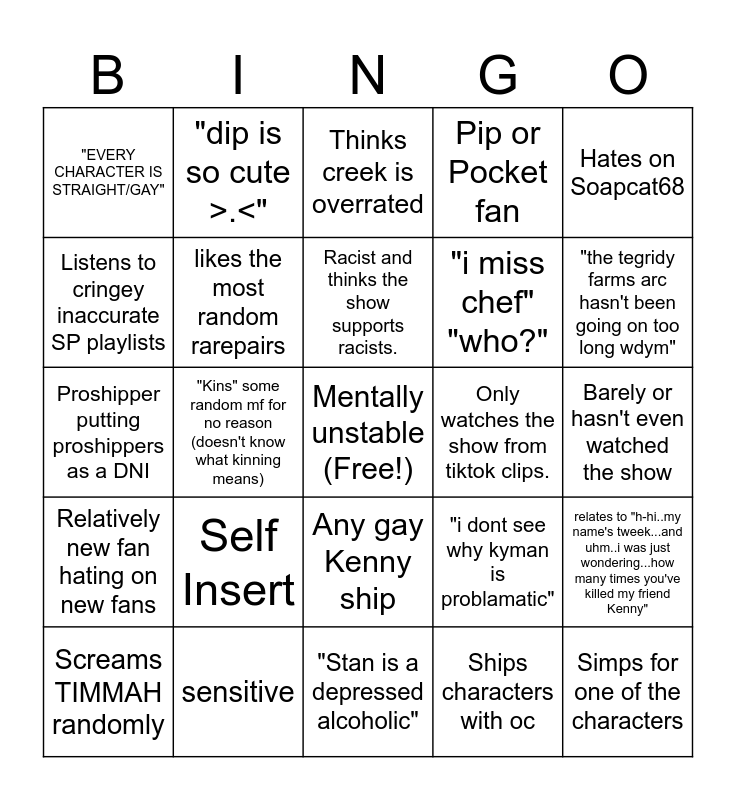 South Park Cringe Bingo Card