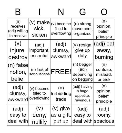 Vocabulary Workshop-Unit 12-Bingo Boards Bingo Card